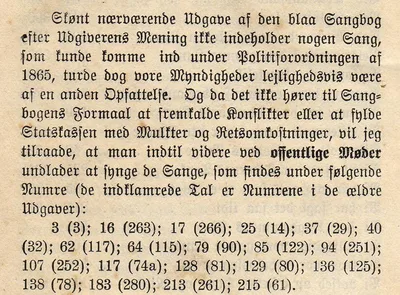 Dansk Sangbog cover with afterword about banned songs