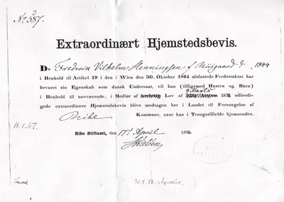 Extraordinært Hjemstedsbevis for Frederik Vilhelm Henningsen, Ribe 1872