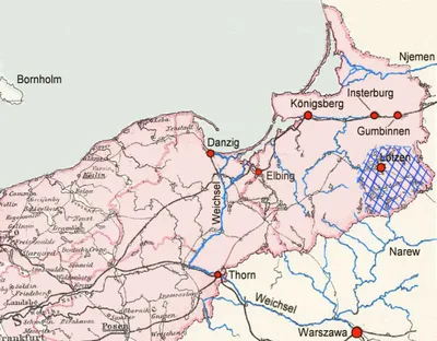 Map of Østpreussen showing Masuriske Søer, infrastructure