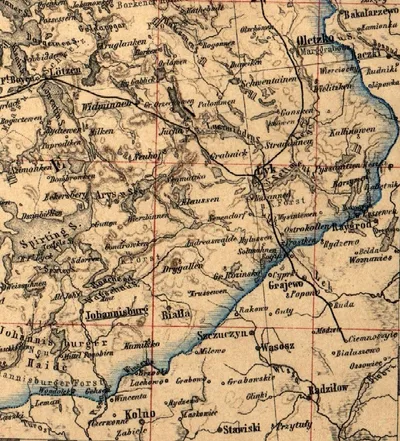 Detailed map: Løtzen, Arys, Lyk, Johannisburg, Bialla, Masuriske Søer